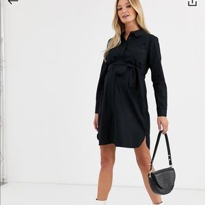 ASOS design maternity cotton mini shirt dress with tie belt. Black. Size 12